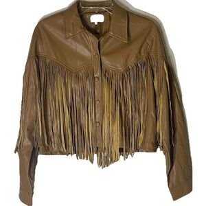 ENTRO Western Fringe Jacket Womens M Brown Vegan Leather Cropped Snap Front